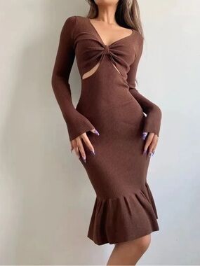 Chocolate Brown Ribbed Knit Cutout Midi Dress - Long Sleeve